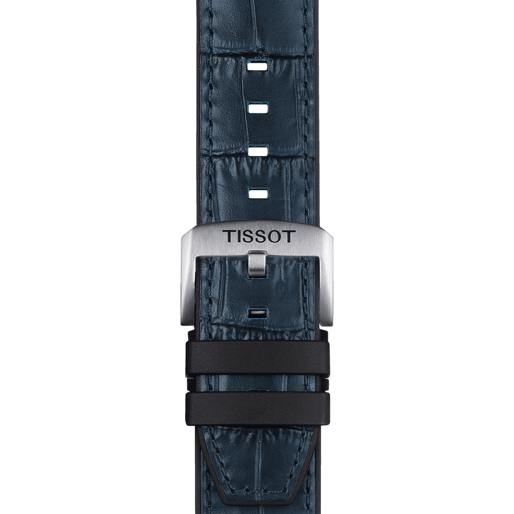 Bracelet officiel Tissot cuir bleu et parties caoutchouc entre-cornes 22 mm