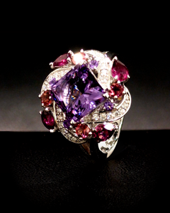 Or Blanc 18K, Améthyste, Rhodolites, Tourmalines Roses & Diamants