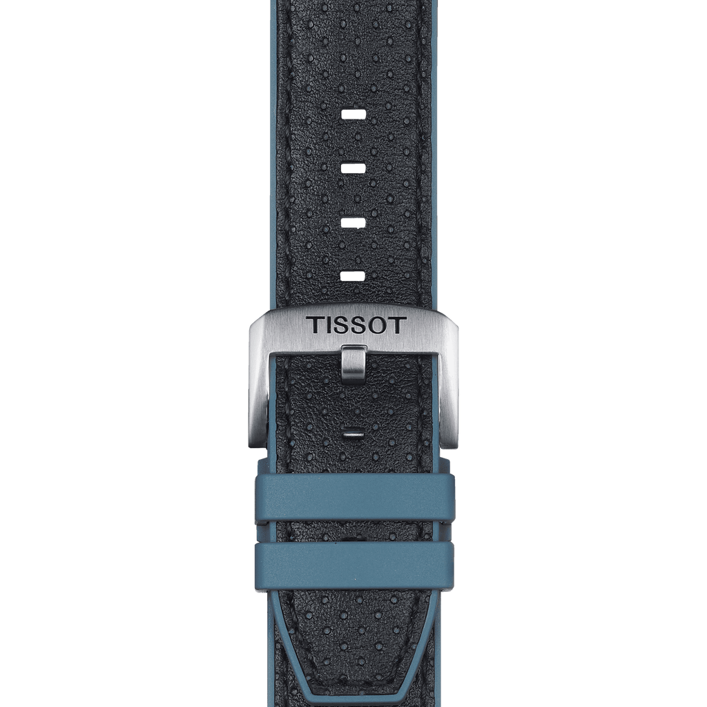 Bracelet officiel Tissot caoutchouc bleu et cuir noir entre-cornes 22 mm